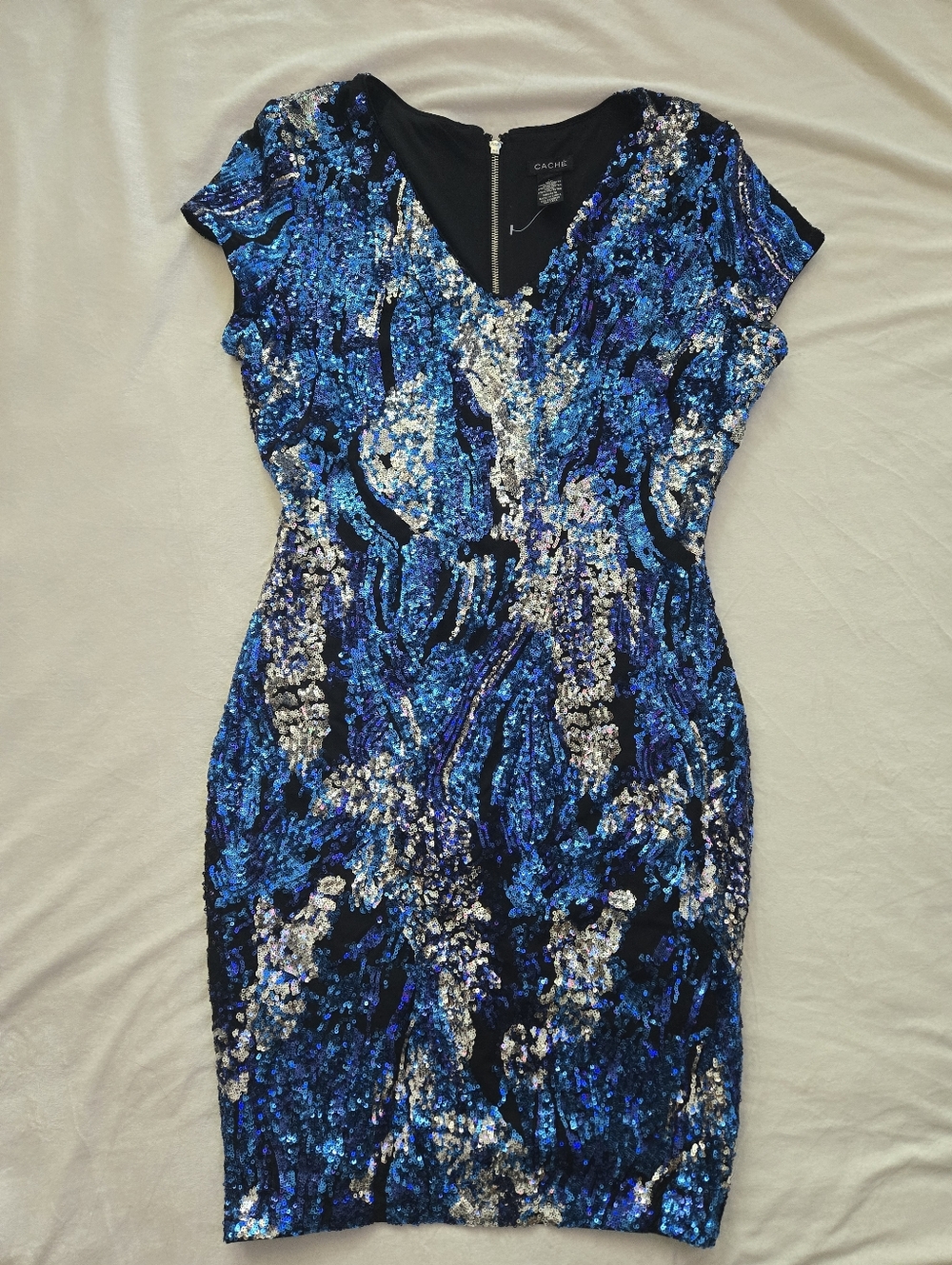 Cache Blue and Silver Sequin V-Neck Mini Dress